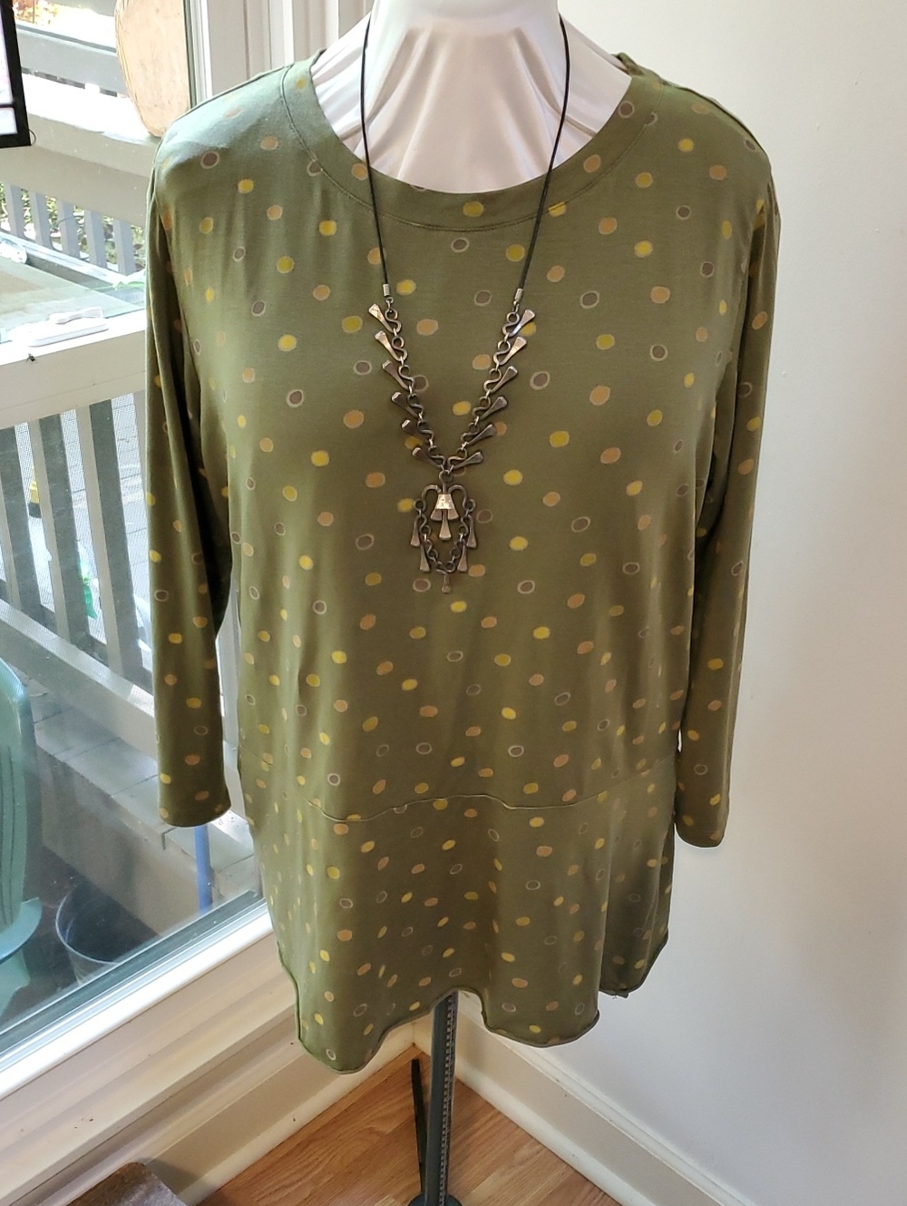 CURATED BY RUA'H KIBRIYA: XL Dot Tencel 3/4 Sleeve Top, Varied Shades of Olive